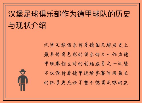汉堡足球俱乐部作为德甲球队的历史与现状介绍